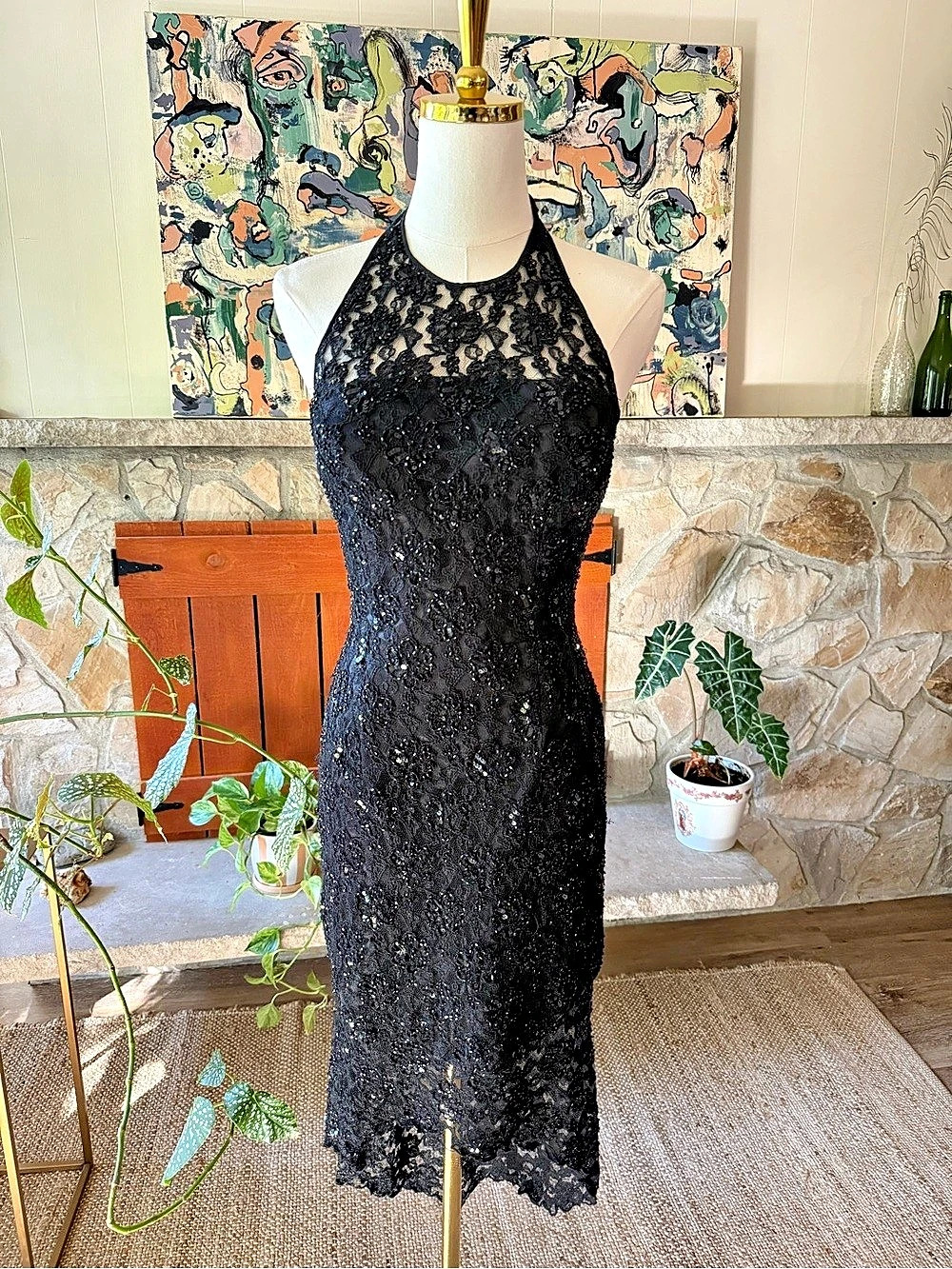 Vintage White House Black Market Black Lace Halter Maxi Dress Size Small